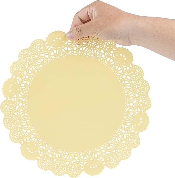 Restaurantware-Pastry Tek 12 x 12 Inch Paper Lace Doilies, 4000 Disposable Table Doilies - Elegant Lace Finish, Long Lasting, Yellow Paper Placemat, for Pastries, Cupcakes, Desserts