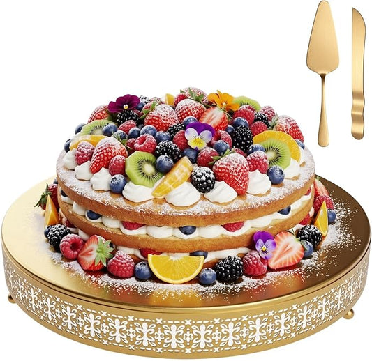 Wenqik Gold Cake Stand 20 Inch Metal Round Cupcake Dessert Wedding Cake Stand with Cutting & Spatula Cookies Display Holder Fruit Serving Tray for Table Wedding Birthday Anniversary Party