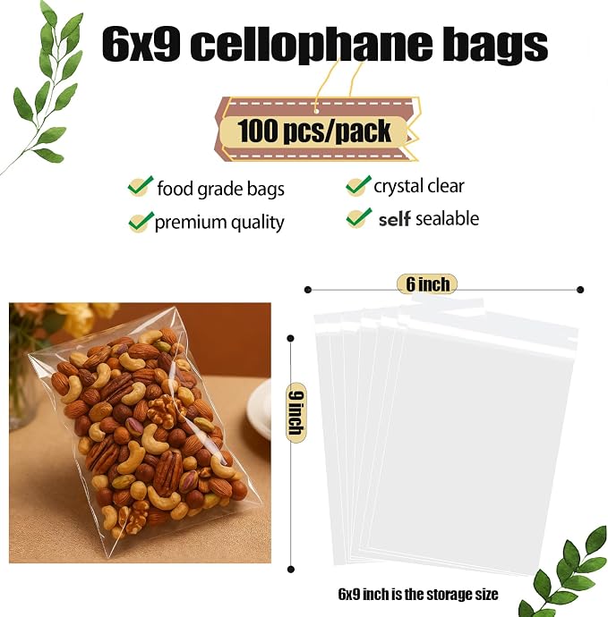 Nobranded 100 pcs Clear 6" x 9" Self Seal Cello Cellophane Bags Resealable Poly Bags 2.8 mils for Cookie, Candy, Gift Bakery, Prints, Photos, Cards & Envelopes, Party Decorative