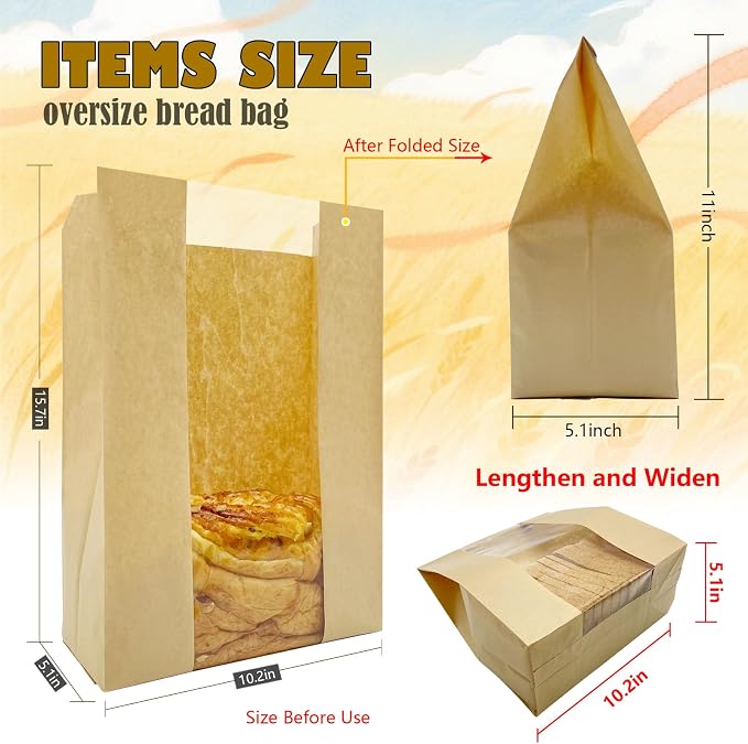 15.7x10.2x5.1in Extra Large Paper Bread Bags for Homemade Bread with Window&Sticker for Supersized Sourdough Bread, Oversized Bread Loaf, Baked Goods, Packaging for Gifting-Brown Kraft 50Pcs
