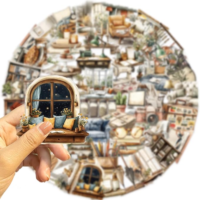 100Pcs Retro Coffee Shop Stickers for Scrapbooking Journaling Junk Journal Scrapbook Supplies - Waterproof Transparent PET Aesthetic Decals for Resin Crafts Decorative Art Crafts