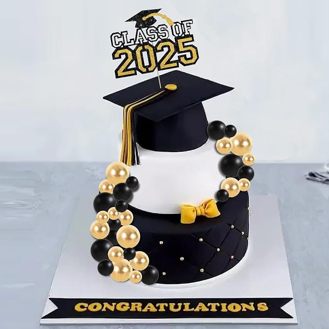 BEISHIDA 40 Pcs Ball Cake Toppers Mini Balls Cake Decorations Black Gold Foam Balls Sticks DIY Cake Topper for Congrats Grade 2026 Graduation Men Birthday New Year Retirement Party Decorations