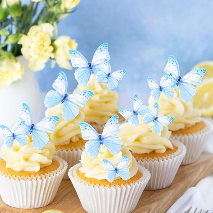 60Pcs Edible Butterfly Cupcake Toppers Blue Butterflies Cupcake Picks Drink Toppers for Butterfly Theme Baby Shower Girls Boys Birthday Party Birdal Shower Engagement Wedding Party Decorations