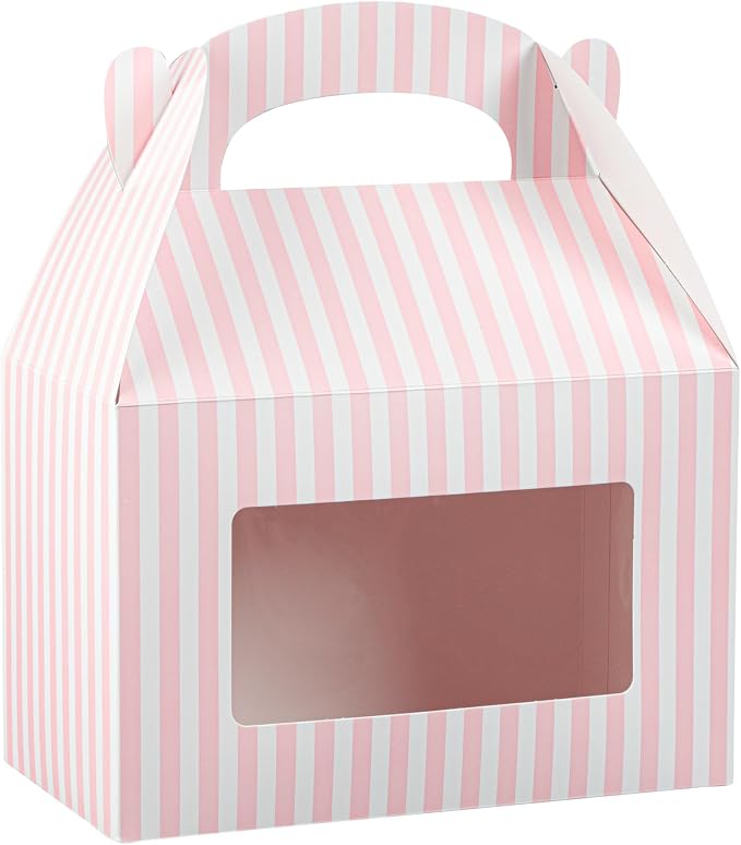 Bio Tek 8.5 x 4.8 x 5.5 Inch Gable Boxes For Party Favors, 25 Attractive Gift Boxes - Striped Design, With Clear PET Window, Pink And White Paper Barn Boxes, Built-In Handle