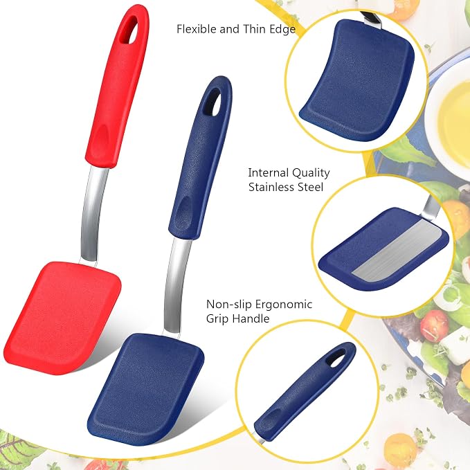 Silicone Cookie Spatula Turner 2 Pack Mini Brownie Spatula Flexible Kitchen Small Silicone Turner for Nonstick Cookware Heat Resistant No Scratch Flipper for Pancake(Solid Flat,Red,Blue)