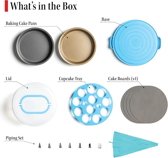 Cake Carrier with Lid and Handle – 10" Cake Storage Container with Baking Accessories, Cake Stand with Baking Pan, Cupcake Tray, Cake Boards & Piping Set