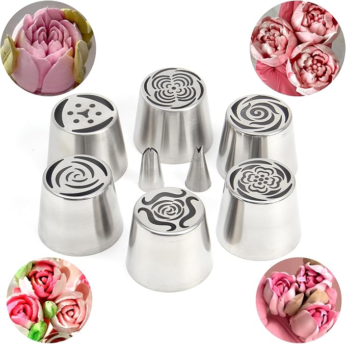 10Pcs Extra Large Russian Piping Tips Set, Stainless Steel Rose Flower Nozzles for Cake Decorating, Includes 6 Extra Large Flower Tips, 2 Leaf Tips, 2 Cloth Piping Bags, Baking Tools