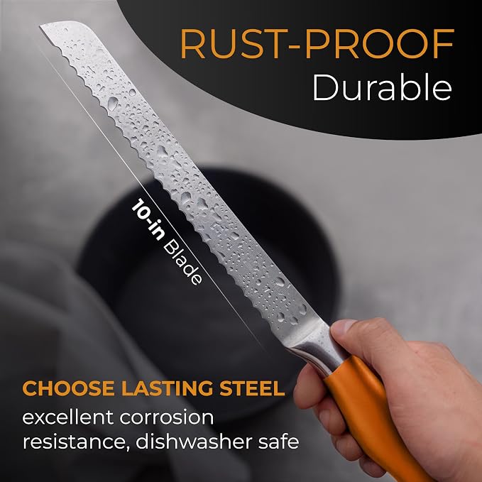 Orblue Serrated Bread Knife with 10-inch Upgraded Stainless Steel Razor Sharp Wavy Edge Width - Bread Cutter Ideal for Slicing Homemade Bagels and Cake (Tuscan Orange)
