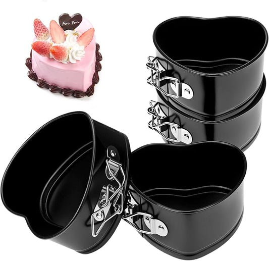 QWORK Springform Cake Pan Set - 4 Pack 4-Inch Non-Stick Leakproof Heart Shape Cheesecake Pan Baking Molds with Removable Bottom for Birthday Cakes