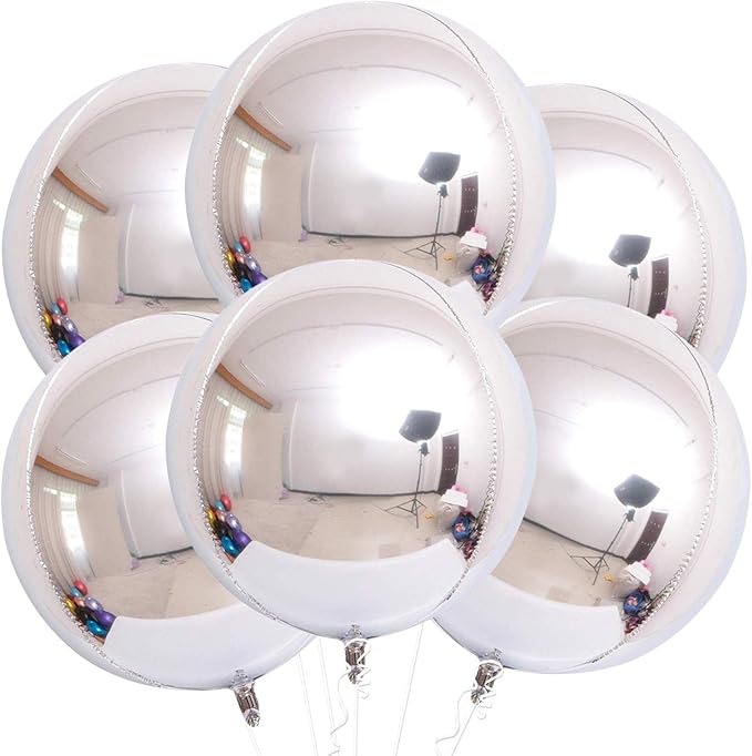KatchOn, Large Metallic Silver Balloons - Pack of 6 | 4D Round Silver Foil Balloon for Birthday Decorations | Shiny Foil Balloons for Anniversary, Engagement, Bridal Shower, Ramadan Decorations