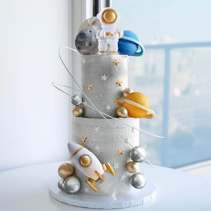 Space Cake Toppers Outer Space Cake Decorations,Astronaut Rocket Stars Cake Decorations for Two The Moon First Trip Around the Sun Birthday Baby Shower