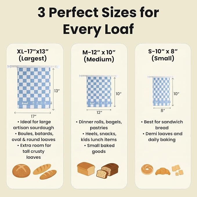 3-Pack Premium Reusable Beeswax Bread Bags (XL, M, S) - Organic Cotton Beeswax Bread Storage Bag for Homemade Bread & Sourdough Freezer-Safe, Breathable & Freshness Support - Eco-Friendly Bread Bag