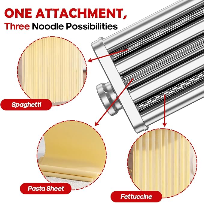 Stainless Steel Pasta Attachment for KitchenAid Stand Mixer, 3-in-1 Pasta Maker with Pasta Roller, Spaghetti & Fettuccine Cutters, Food-Grade KitchenAid Pasta Attachment for Homemade Noodles
