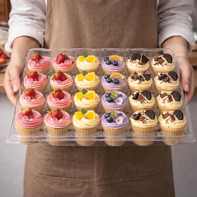 WIKDAY (24 Count x 5 Sets Plastic Cupcake Containers with Liners, Clear Cupcake Holder with Lids, Disposable Cupcake Carrier for Bakery, Cupcake Storage Box for Parties, Bake Sale Packaging