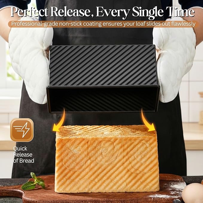 Flexzion 2 Pack Pullman Loaf Pan with Lid - 1 lb Dough Capacity Sandwich Bread Loaf Pan with Lid Cover - Non-Stick Carbon Steel Corrugated Toast Box Mold for Baking Homemade Sandwich, Sourdough, Black