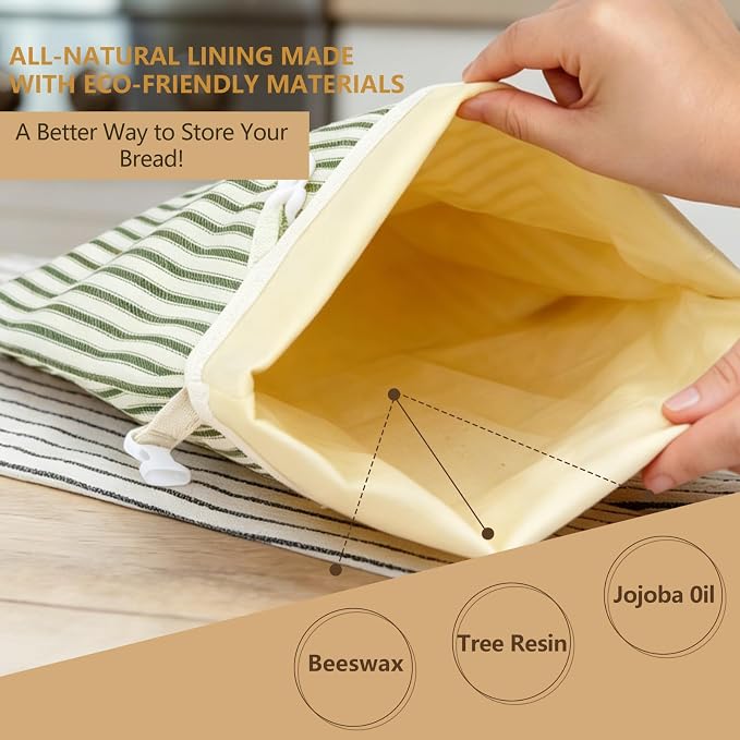 Stripe Reusable Beeswax Bread Bags for Homemade Bread & Sourdough, 2-Pack XL Airtight Food Storage Bags, Organic Cotton Linen Covers - Freezer-Friendly Freshness Preservation Keeps Fresh Longer