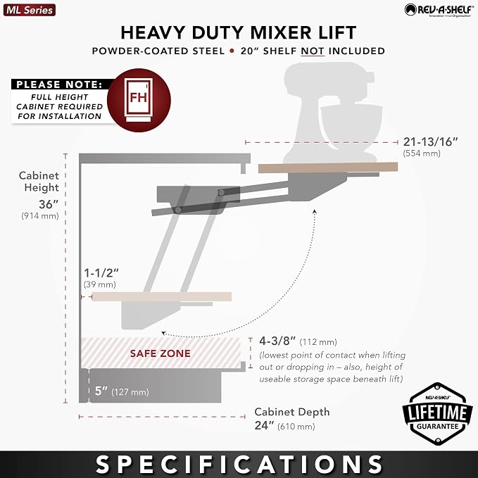 Rev-A-Shelf Heavy-Duty Stand Mixer Lift for Kitchen Base Cabinets, Zinc - Spring-Loaded Lifting System for Small Countertop Appliance Storage, Min Opening Width of 12", RAS-ML-HDCR