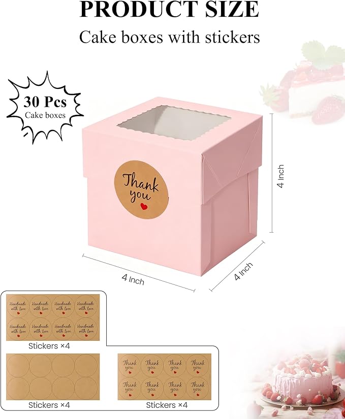 COTOPHER 30Pcs Mini Cake Boxes, 4x4x4 Inches Pink Bakery Boxes with Window, Small Dessert Box Cake Packaging for Pastries, Cookies, Chocolates, Cupcakes, Birthday Party, Wedding