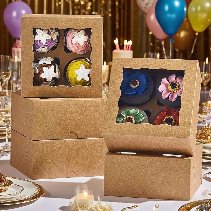 Cupcake Boxes 6.2x6.2x3 Inches 20 Pack with Window & 4 Cavity - Versatile Baking Containers for Cupcakes, Cookies & Treats | Holiday, Birthday & Bakery Supplies