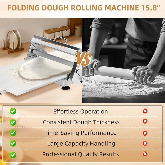 Folding Dough Sheeter (15.8"), Countertop Dough Sheeter, Dough Sheeter, Manual Dough Sheeter, Adjustable Thickness, Stainless Steel Dough Roller Machine, Bread, Pizza, Cookies, Pie (1 Rolling Board)