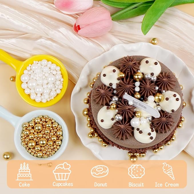 Edible Pearl Sprinkles for Cake Decorating, 160g/5.64oz, Mix 4 Colors Gold White Silver and Black Pearls Sprinkles for Cupcake, Cookies, Baking Cake Decorations, Holiday, Wedding Party Supplies