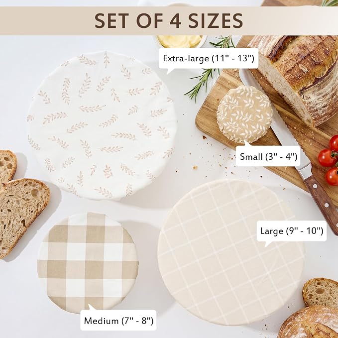 Mindsoft 4 Pcs Reusable Bowl Covers for Bread Proofing, 4/8/10/13 Inch Linen Cotton Blend Bowl Lids with Elastic, Durable Food Covers for Sourdough Bread Dough Proofing Food Storage Fruits Leftover
