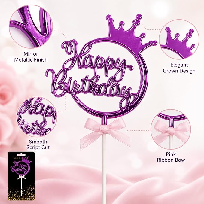 Purple Acrylic Happy Birthday Cake Topper with Crown and Bow | Glossy Pueple acrylic script with crown and bow adds an elegant finishing touch to birthday cakes and celebration desserts.