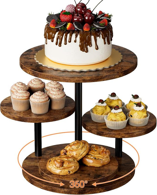 Cupcake Stand 4 Tier for 50 Cupcakes Wooden Cake Stand 360°Rotatable Dessert Stands Round Cookie Tiered Tray Stand for Party Birthday Wedding Baby shower Afternoon Tea Dessert Table, Brown