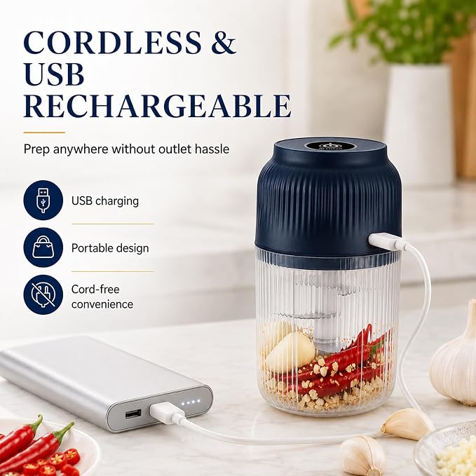 Electric Garlic Chopper, Mini Cordless Food Processor with 6 Stainless Steel Blades, USB Rechargeable Vegetable Mincer for Garlic, Onion, Ginger, Chili, Nuts, Meat & Meal Prep，White：4Blades