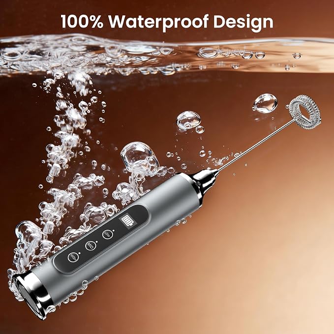 YUSWKO Milk Frother Wand for Coffee with Stand, Coffee Frother Handheld | Rechargeable Drink Mixer Wand, Waterproof Electric Whisk for Protein Powder, Lattes, 3 Variable Speeds 3 Whisks, Silver