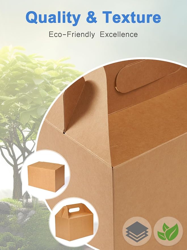 Shallive 50 Pcs Large Treat Boxes 9x6x6 Inch Brown Gable Gift Boxes with Handle Kraft Lunch Boxes Recycled Paper Gift Bags Take Out Cookie Boxes Welcome Boxes Candy Bags For Wedding Supplies