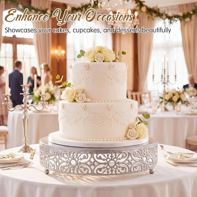 Wenqik 12 Inch Cake Stand Round Metal Cupcake Dessert Wedding Cake Stand Cookies Display Holder Fruit Food Serving Tray for Table Wedding Birthday Anniversary Party Decor (Silver)