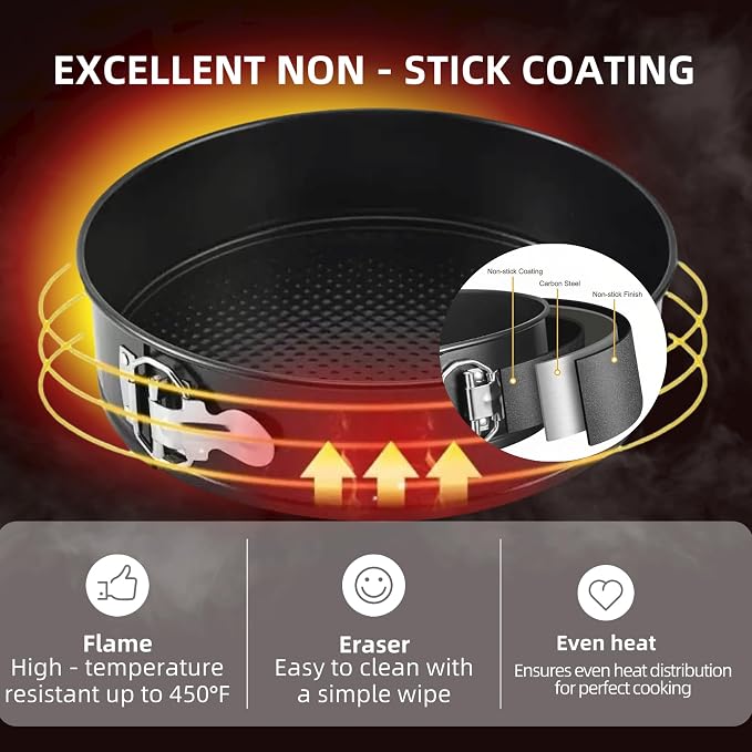 6PCS round Springform Cake Pans Set(7,8,9,9.5,10,11inch) | nonstick coating,food-grade carbon steel,450°F heat-resistant,spring-lock&removable bottom easy release,Ideal for cakes,more