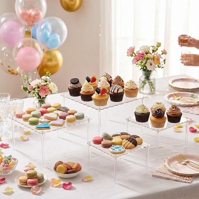 Mifoci 4 Tier Acrylic Cake Display Stand with Scalloped Square Edge 6, 8, 10, 12" Clear Tiered Cupcake Holder Tray with Message Board and Marker for Wedding, Birthday Party, Dessert Table