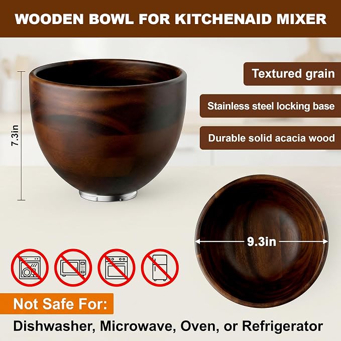 FOCOllK Wooden Bowl for KitchenAid Mixer, Premium Wood Mixing Bowl, Fits 4.5-5 QT Tilt-Head Stand Mixers, 5 Quart Natural Wooden Bowl with Stainless Steel Locking Base