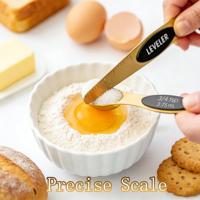 Gold Measuring Cups and Spoons Set of 12，8 Magnetic Measuring Spoons set with Leveler，4 Premium Stainless Steel Gold Measuring Cups，Measuring for Dry & Liquid Cooking Baking for Kitchen