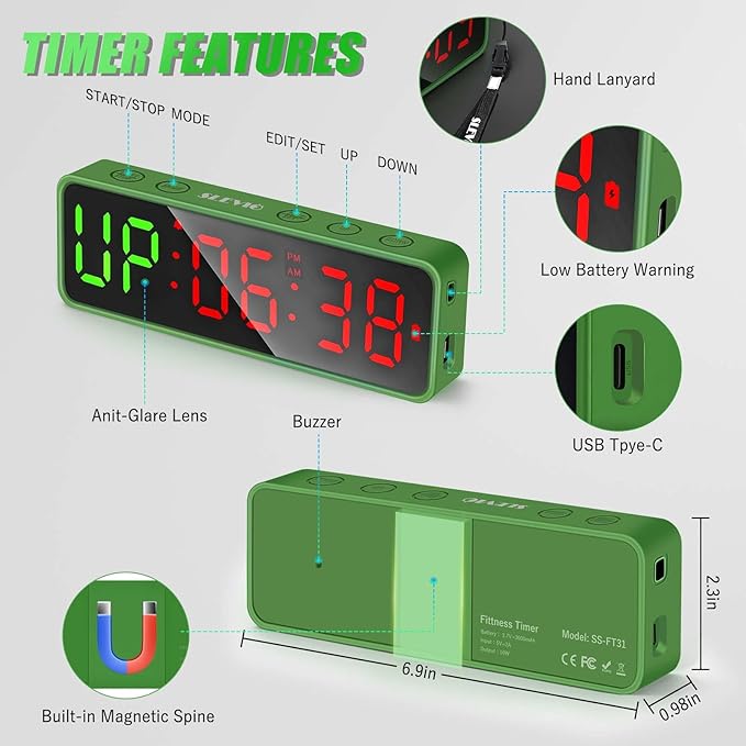 Small Gym Timer Clock Stopwatch Magnetic Workout Interval Timer, Large LED Digital Display, Home Accessories Countdown Clock for Home Gym Garage Schools (Matte Green)