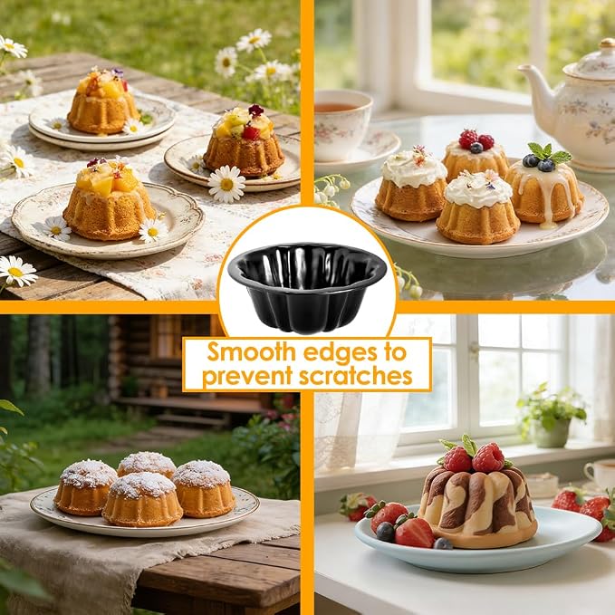 16Pcs 4 Inch Mini Fluted Cake Pan Nonstick Mini Fluted Tube Cake Pan, Carbon Steel Mini Flan Molds Pan with Oil&Dish Brushes, Reusable Oven Baking Mold for Cupcake, Bread Chocolate, Brownie