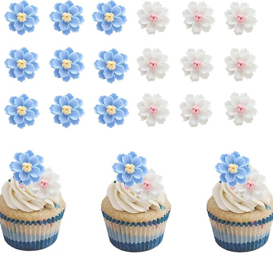 20Pcs Flowers Cupcake Toppers White Blue Flowers Cake Topper for Bridal Engagement Baby Shower Kids Birthday Wedding Anniversary Fairy Floral Party Table Decorations
