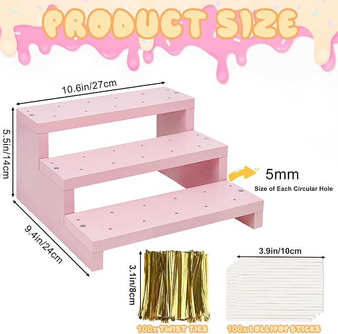 Wood Cake Pop Stands, 3 Tier Lollipop Holders with Twist Ties Lollipop Sticks, Sucker Display Riser for Dessert Table of Wedding Birthday Party (Pink-1P)