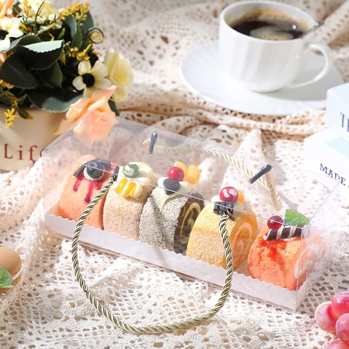 Eaasty 80 Pcs 9 x 3 x 3 Inch Clear Cupcake Boxes with Handles Portable Gable Boxes Paperboard Plastic Rectangular Cupcake Containers Dessert Cookies Bakery Gift Containers for Party