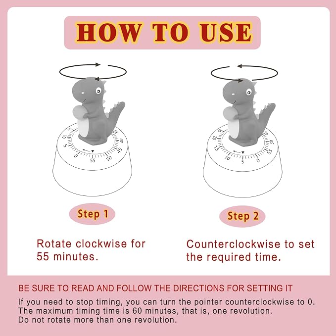 ELE DEPI 60 Minutes Mechanical Kitchen Timer,Cute Dinosaur Timer for Kids,Wind Up Egg Timer for Cooking,Reading,Classroom and Do Sports. (Pink)