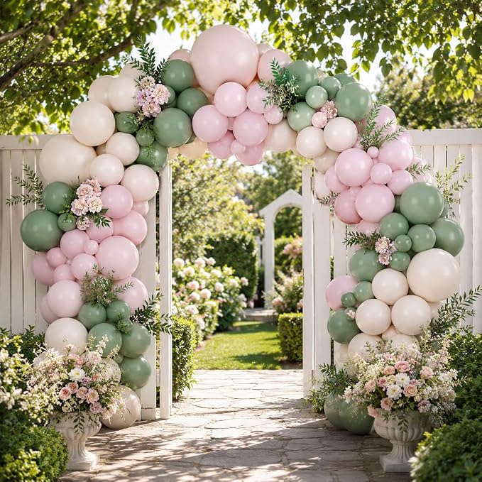 Dusty Pink and Green Balloon Arch Kit, 122Pcs Sage Green Macaron Dusty Pink Ivory White Matte Balloons for Girls Flower Birthday Bridal Wedding Engagement Floral Baby Shower Party Decorations