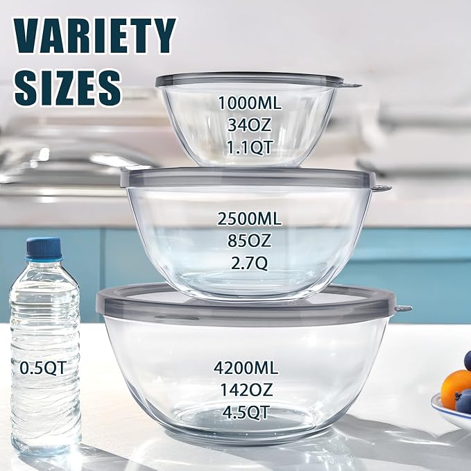 Glass Mixing Bowls with Lids Set(4.5QT, 2.7QT, 1.1QT),Glass Bowls with Lids Large Mixing Bowl Salad Bowls Space-Saving Nesting bowls Serving bowls Storage Container for Cooking,Baking,Prepping