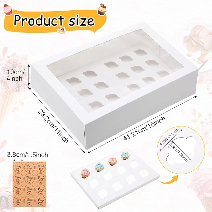 Fuutreo 5 Pack Mini White Cupcake Boxes with Window 16 x 11 x 4 Inches 24 Count Auto Pop up Large Cookie Boxes Cupcake Containers with Thank You Label Stickers for Muffins Pastries Donuts Cookies