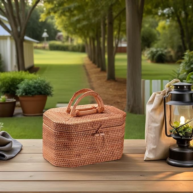 Zerodeko Rattan Storage Box 10.62 Inch Woven Basket Portable Fruit Storage Basket with Lid for Kitchen Dining Home Decor Organizer