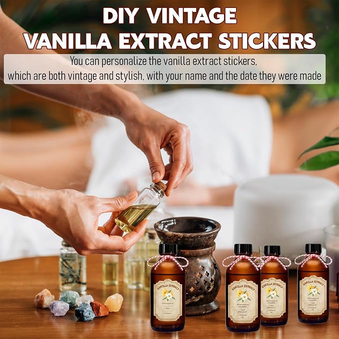 8 Pack 8 Ounce Amber Glass Bottle with Lids Vanilla Extract Homemade Brown Bottle 8 oz and 8 Pcs Vanilla Extract Stickers for Syrup Gift Glass Food Storage Canister Set Sauce Beans