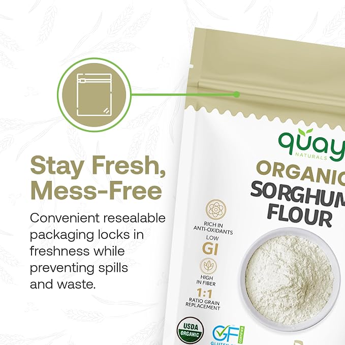 Quay Naturals Organic Sorghum Flour 2lb - Organic Jowar Flour - Made With Gluten Free Sorghum Whole Grain - Non GMO - Gluten Free Baking Flour