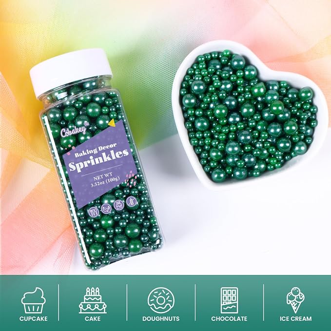 Dark Green Sprinkles for Cake Decorations 3.52 ounce Edible Pearl Sugar Sprinkles for Cupcake Toppers Wedding Party Valentines Halloween Christmas Supplies