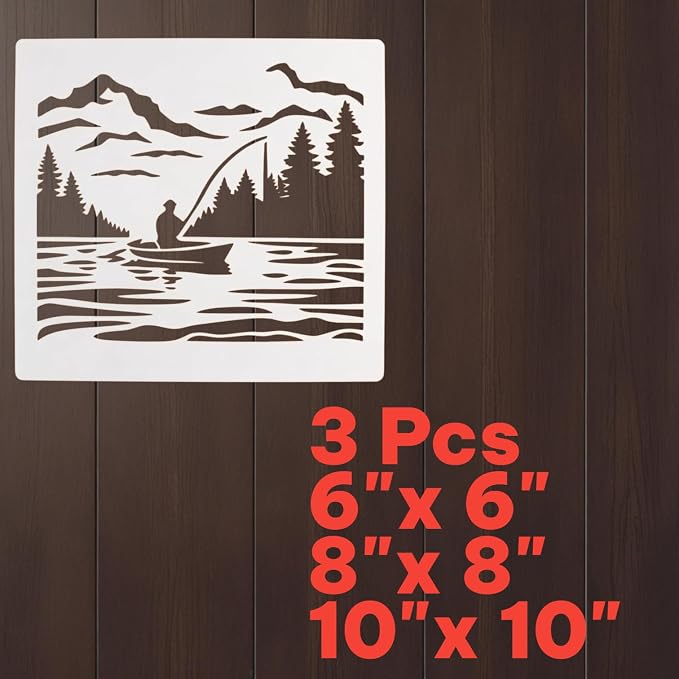 Fishing Landscape Stencil – Nautical Ocean Lake Travel Adventure Design Template Pattern Reusable Art Stencil for Painting, Crafting and DIY Projects (3 Pcs Set)